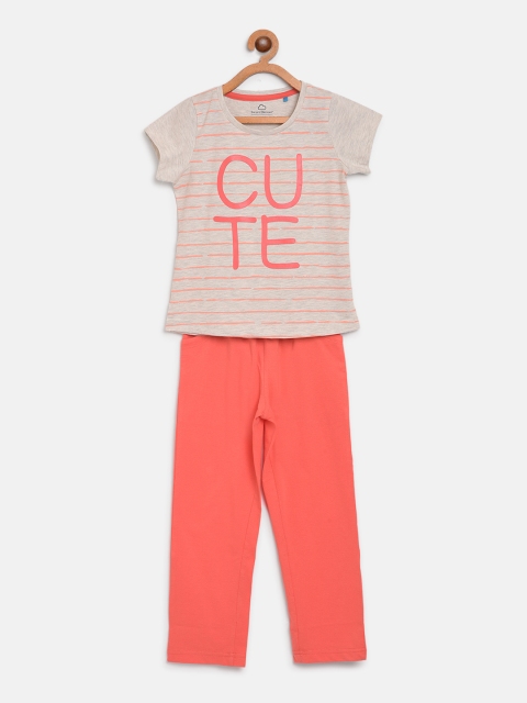 

Sweet Dreams Girls Grey Melange & Coral Orange Striped Night Suit