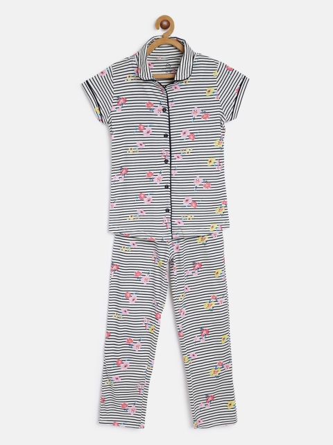 

Sweet Dreams Girls White & Black Striped Floral Print Pure Cotton Night Suit
