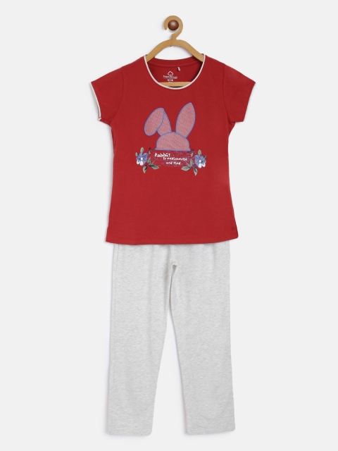 

Sweet Dreams Girls Red & Grey Appliqued & Floral Printed Night suit