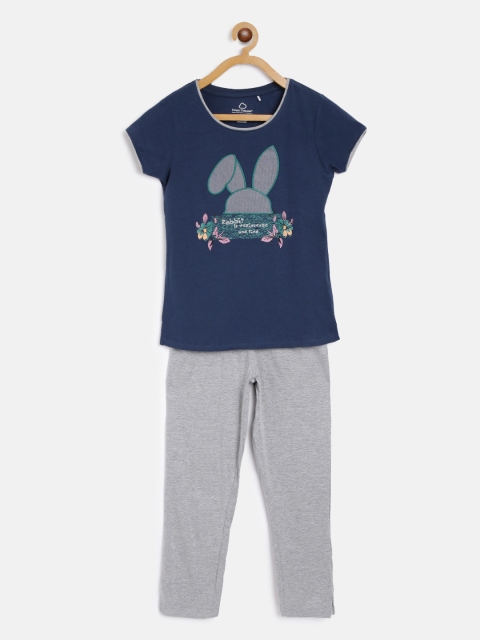 

Sweet Dreams Girls Teal Blue & Grey Melange Graphic Applique Detail Night Suit