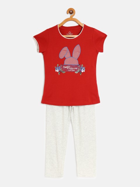

Sweet Dreams Girls Red & Off White Floral & Typography Print Night suit