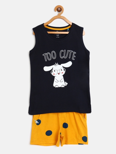 

Sweet Dreams Girls navy Blue & mustard Yellow Bunny & Typography Print Night suit