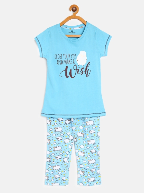 

Sweet Dreams Girls Blue & White Conversational Printed Night suit