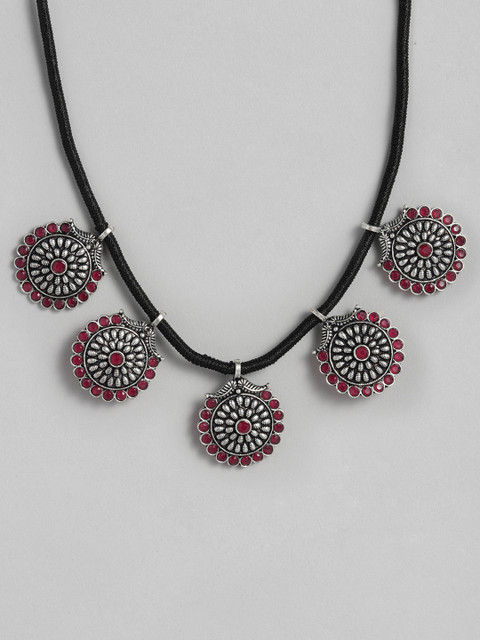 

justpeachy Pink Oxidized Silver-Plated Stone Studded Necklace