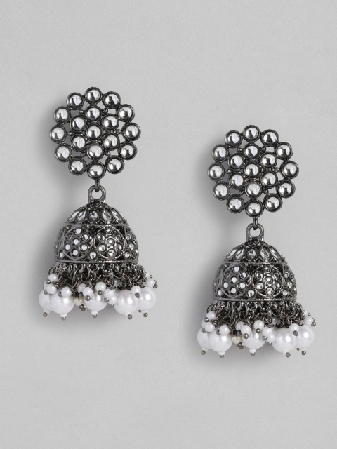 

justpeachy Black & White Jadau Dome Shaped Jhumkas Earrings