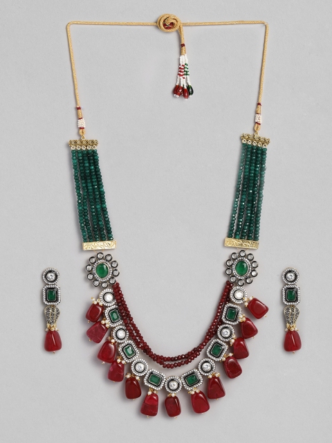 

justpeachy Red & Green Gold Plated Kundan & Bead Jewellery Set