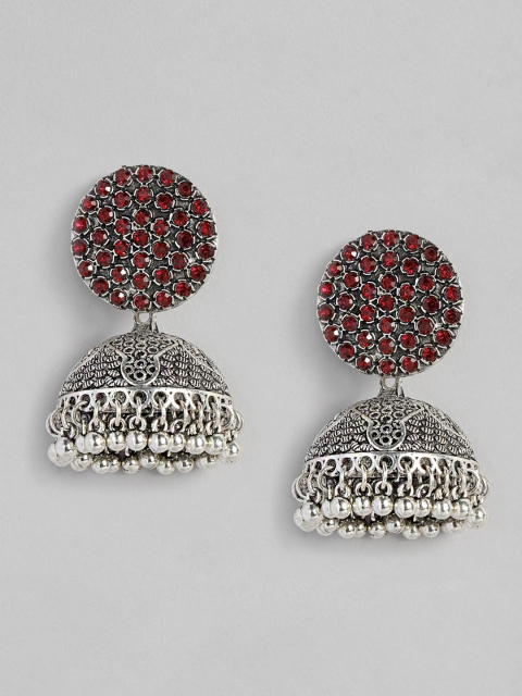 

justpeachy Red Silver-Plated Studded Dome Shaped Jhumkas Earrings