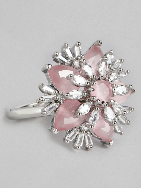 

justpeachy Pink Rhodium-Plated American Diamond Studded Adjustable Finger Ring