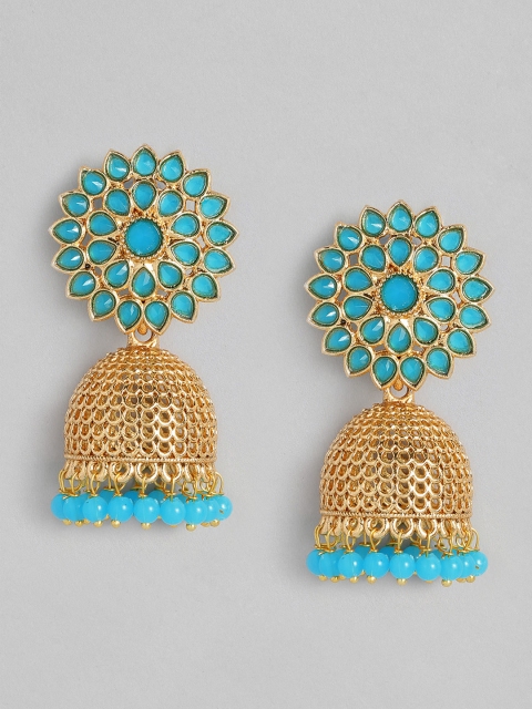 

justpeachy Turquoise Blue & Gold-Plated Stone Studded Dome Shaped Jadau Jhumkas