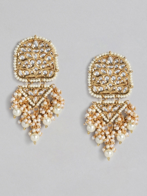 

justpeachy White Gold-Plated Stone Studded & Beaded Classic Drop Earrings