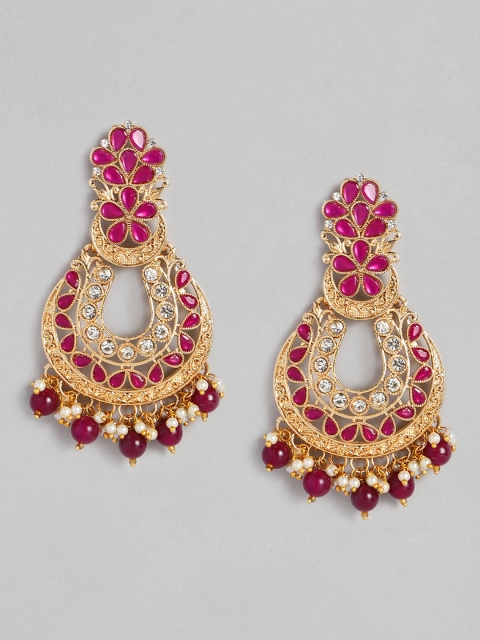 

justpeachy Red & Gold-Plated Stone Studded Crescent Shaped Chandbalis