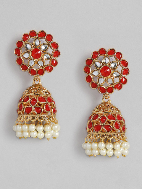

justpeachy Red Gold-Plated Stone Studded Dome Shaped Jhumkas