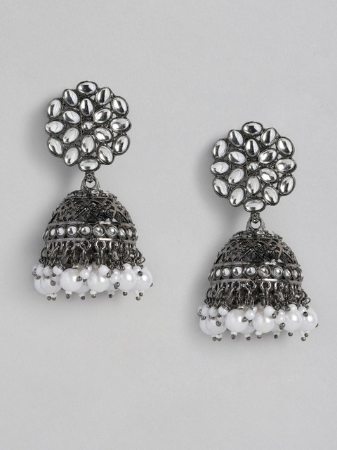 

justpeachy Black & White Dome Shaped Jadau Jhumkas Earrings