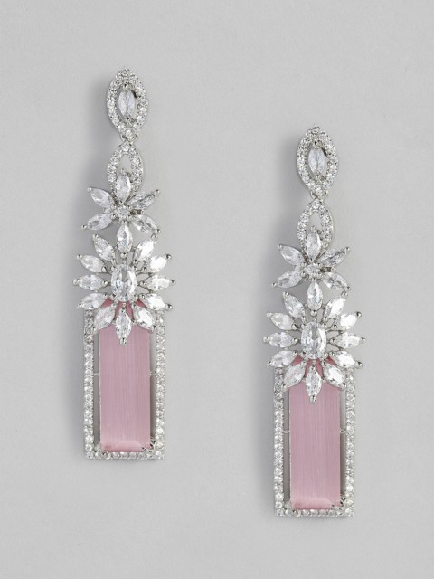 

justpeachy Pink & White Rhodium-Plated American Diamond Studded Geometric Drop Earrings