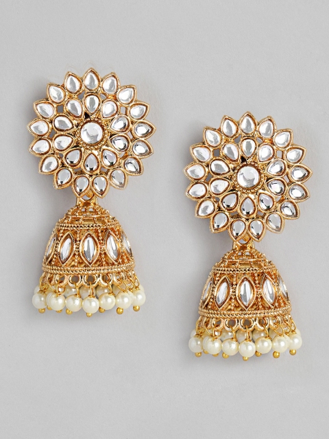 

justpeachy White Gold-Plated Stone Studded Dome Shaped Jhumkas