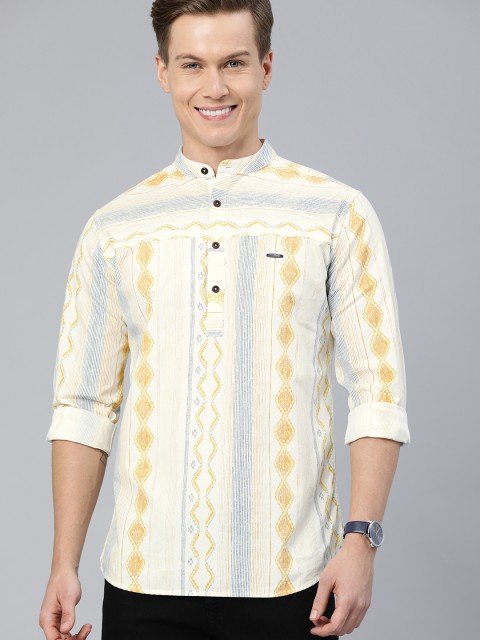 

The Indian Garage Co Men White & Blue Striped Short Kurta