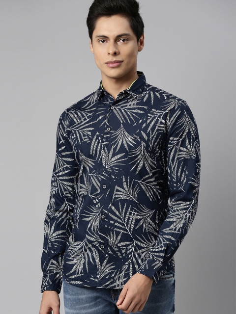 

The Indian Garage Co Men Navy Blue & Green Slim Fit Tropical Print Casual Shirt