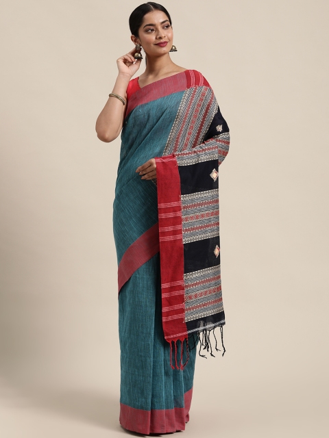

Mitera Teal Blue & Red Pure Cotton Saree