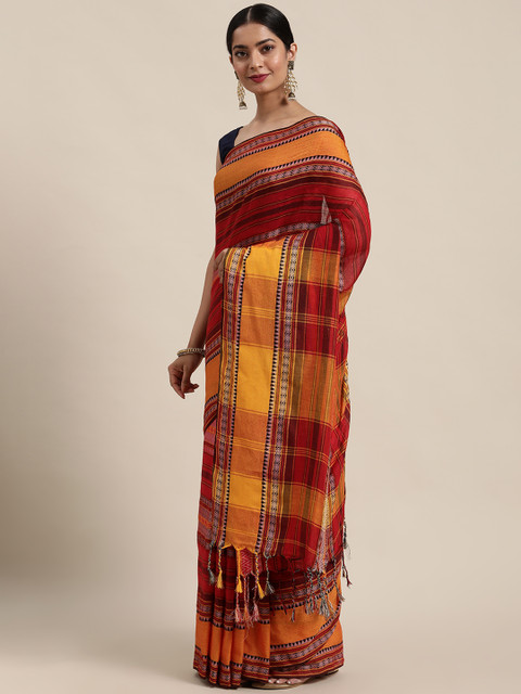

Mitera Red & Yellow Striped Pure Cotton Saree