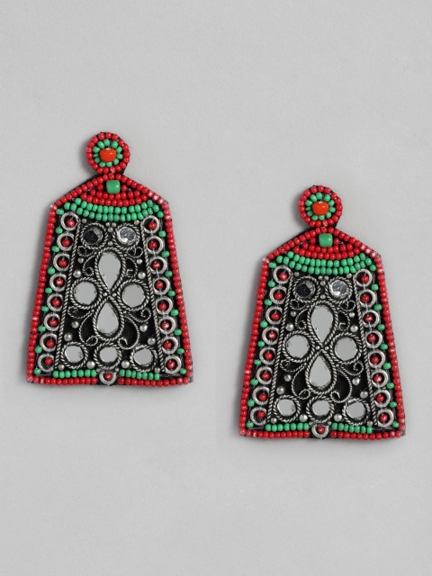 

justpeachy Red & Green Silver-Plated Mirror Embellished Contemporary Drop Earrings