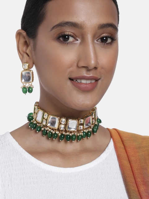 

justpeachy Green & White Gold Plated Kundan & Bead Jewellery Set