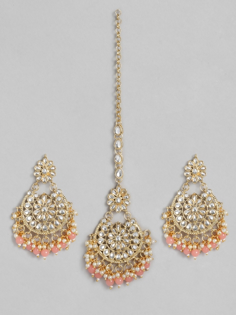 

justpeachy Gold-Plated & Pink Classic Maang Tikka with Earring Set