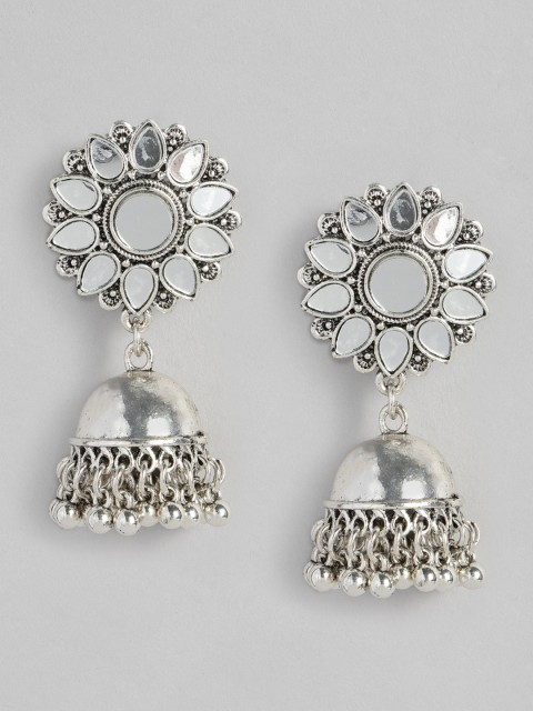

justpeachy Silver-Plated Floral Dome Shaped Mirror Jhumkas