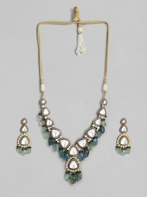 

justpeachy Women Oxidised Gold-Plated & Green Kundan Studded Jewellery Set