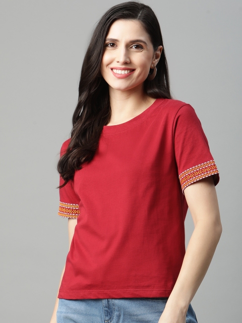 

HERE&NOW Women Red Solid Pure Cotton T-shirt