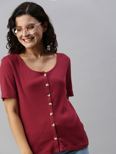 

HERE&NOW Women Red Self-Designed Round Neck Regular Top