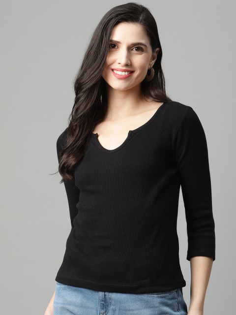 

HERE&NOW Women Black Pure Cotton Solid T-shirt