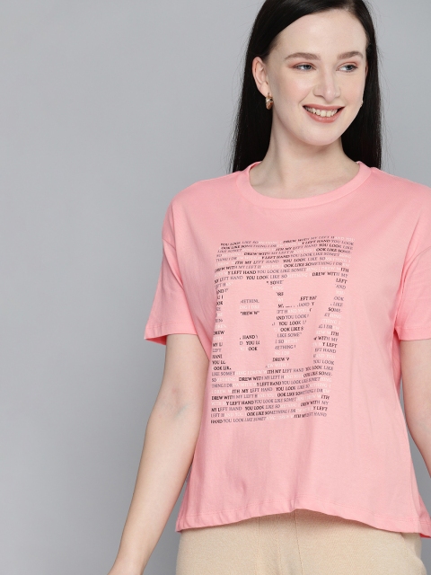 

HERENOW Women Pink Pure Cotton Printed Pure Cotton T-shirt