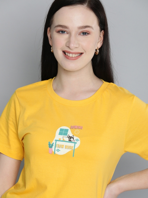 

HERENOW Women Yellow Printed Pure Cotton T-shirt