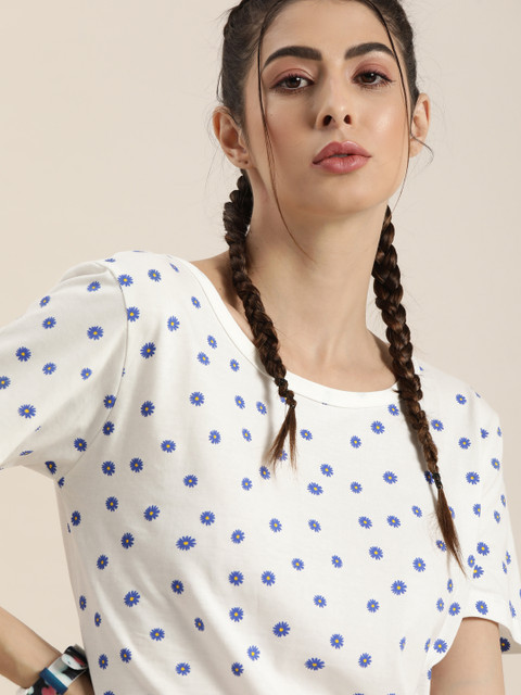 

Moda Rapido Women White & Blue Floral Printed T-shirt
