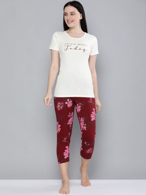 

HERE&NOW Women White & Maroon Printed Pure Cotton Night Suit
