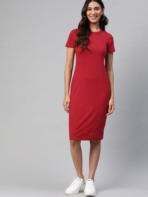 

HERE&NOW Maroon Solid Pure Cotton Bodycon Dress