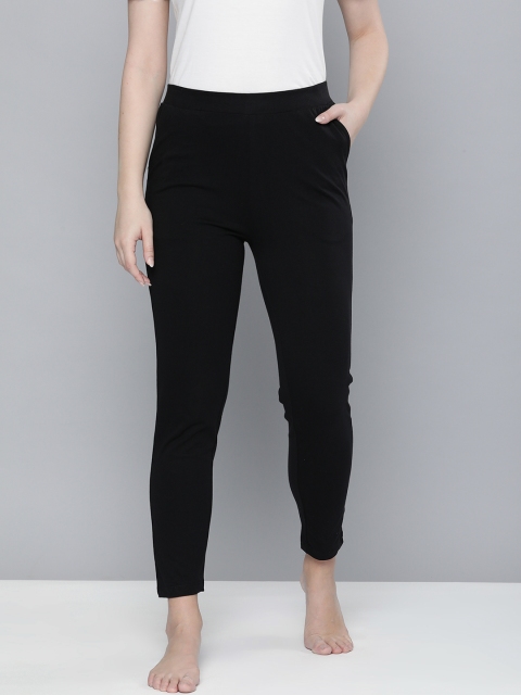 

HERE&NOW Women Black Cotton Cropped Lounge Pants