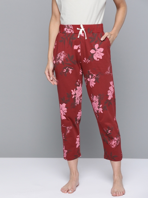 

HERE&NOW Women Maroon & Pink Pure Cotton Floral Printed Lounge Pants