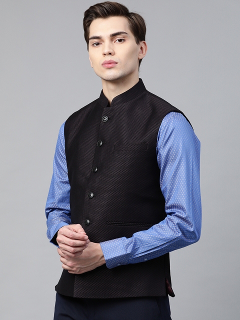 

Raymond Men Black & Purple Contemporary Fit Micro Patterned Nehru Jacket