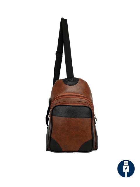 

Leather World Unisex Brown & Black Colourblocked Backpack with USB Charging Port