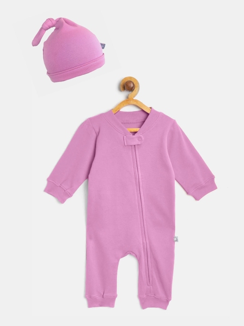 

Cherrytoes Infant Purple Solid Cotton Rompers With Beanie