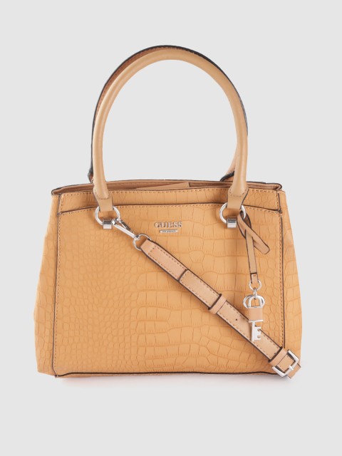 

GUESS Camel Brown Croc Textured Structured Handheld Bag with Detachable Sling Strap