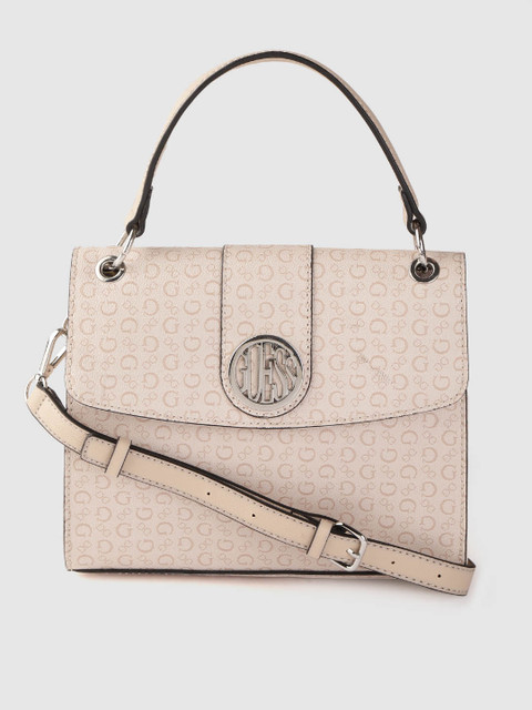 

GUESS Beige Brand Logo Print Structured Satchel Bag with Detachable Sling Strap