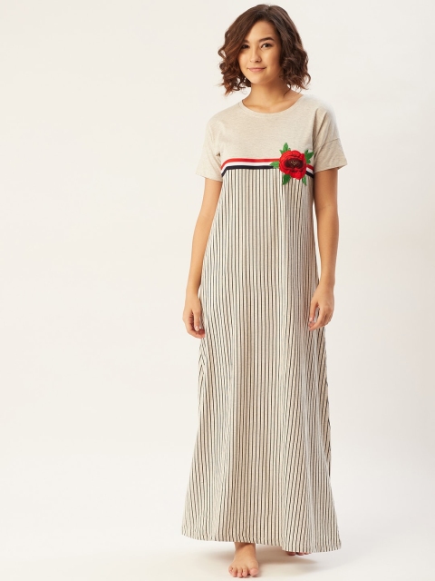 

Sweet Dreams Women Grey Melange & Black Striped Applique Nightdress
