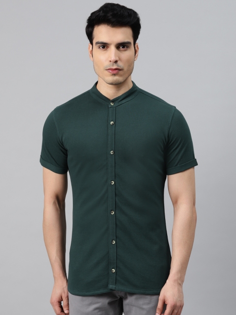 

ManQ CASUAL Men Green Solid Knitted Slim Fit Casual Shirt