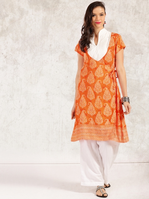 

Anouk Women Orange & White Printed Angrakha Kurta