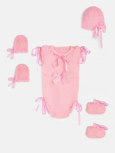 

Magic Needles Infant Girls Pink Handmade Baby Apparel Gift Set