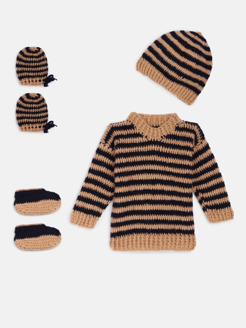 

Magic Needles Infant Beige & Black Striped Sweater Cap Booties & Mittens Gift Set