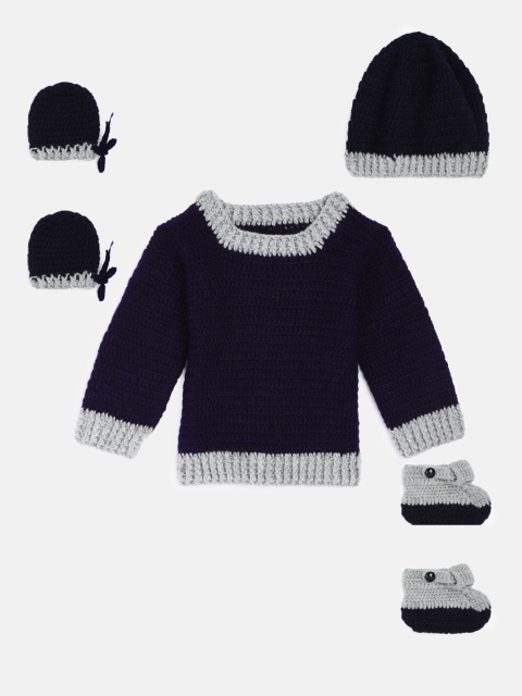 

Magic Needles Infant Navy Blue & Grey Sweater Cap Booties & Mittens Gift Set