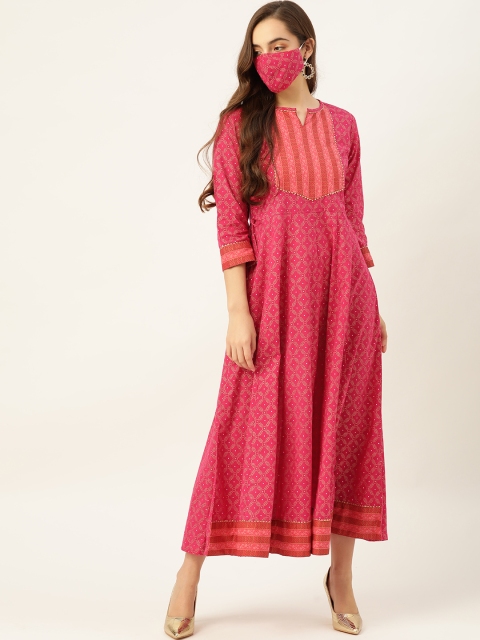 

Maaesa Pink & Golden Printed Gotta Patti Detail Pure Cotton Ethnic Maxi Dress